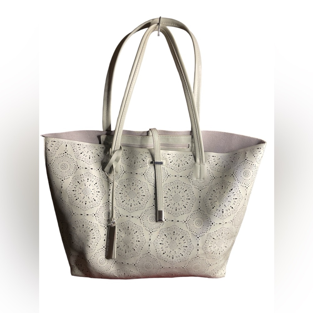 Vince Camuto Leila Laser Cut Leather Shoulder Tote in Blue Hint with Silver